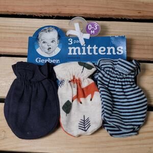 3 Pk Gerber Infant Mittens: Blue, Fox & Stripes - Size 0-3m NWT